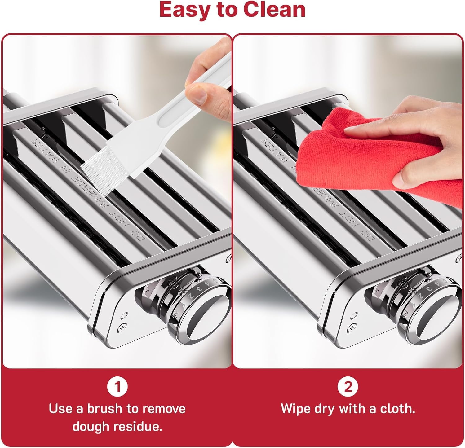 Two-step cleaning guide using a brush and dry cloth on the pasta maker rollers