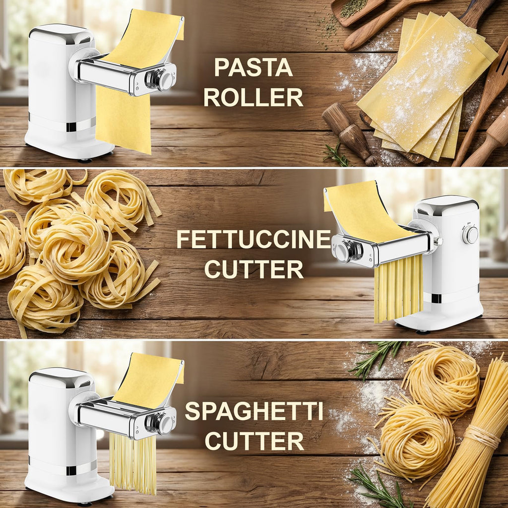 Three-panel view of the electric pasta maker rolling sheets and cutting fettuccine and spaghetti