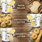 Three-panel view of the electric pasta maker rolling sheets and cutting fettuccine and spaghetti