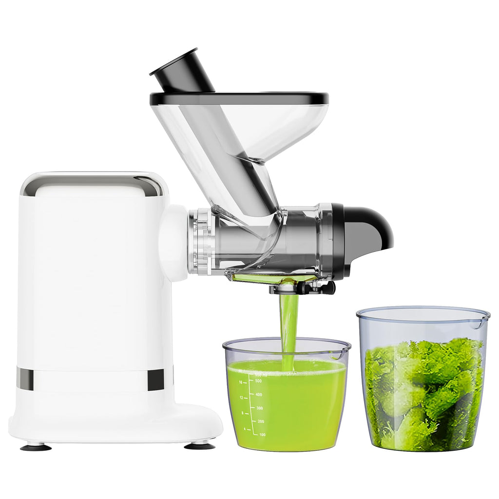 White Gvode cold press juicer separating green juice and pulp into two containers