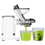 White Gvode cold press juicer separating green juice and pulp into two containers