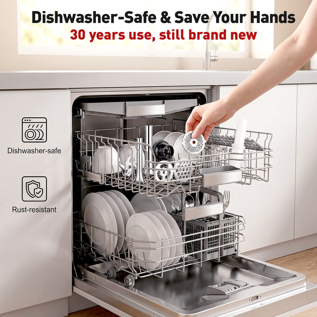 Grinder attachment parts placed in dishwasher beside rust-resistance icons