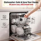 Grinder attachment parts placed in dishwasher beside rust-resistance icons