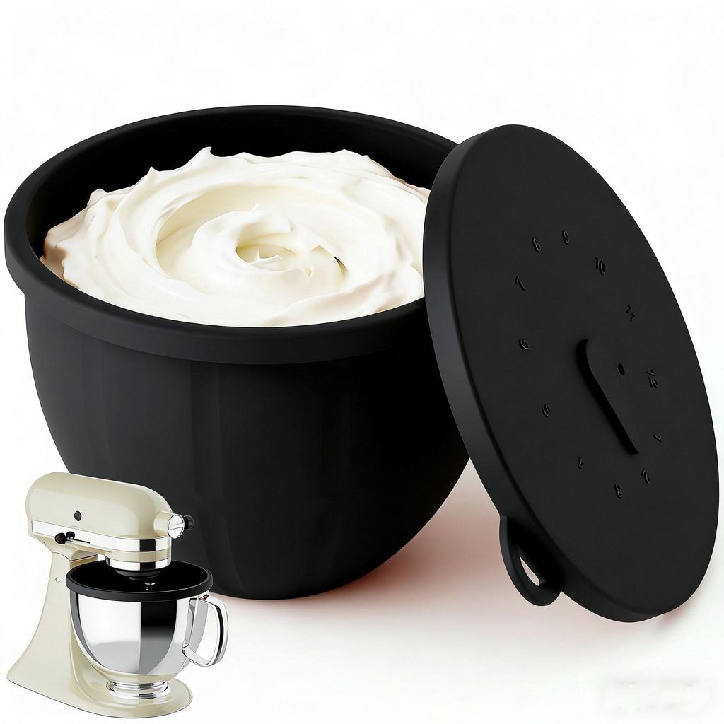 Black Gvode silicone mixer bowl liner with lid, filled with whipped cream