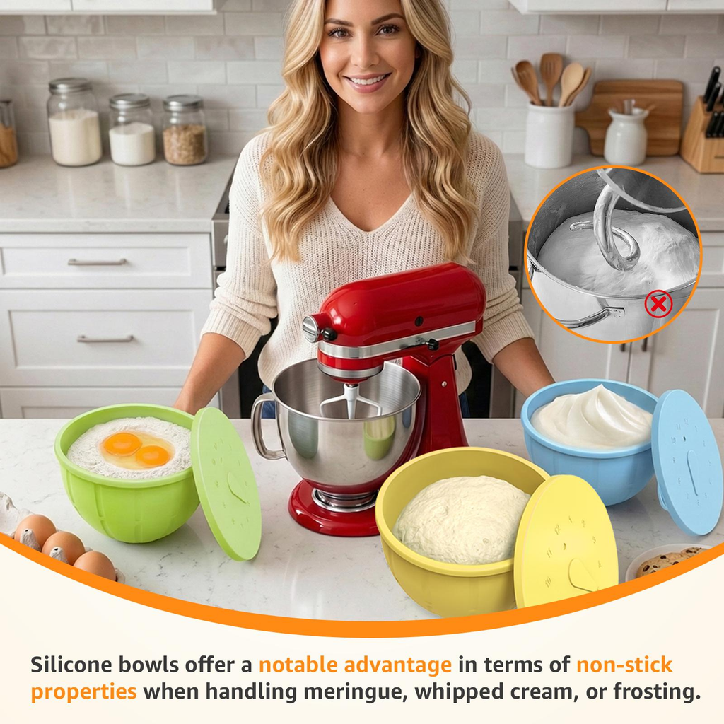 Woman beside stand mixer with three silicone bowl liners for cream, eggs, and dough