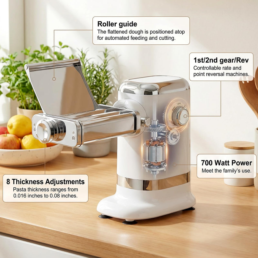 Gvode electric pasta maker labeled with roller guide, two speeds, reverse, and eight thickness settings
