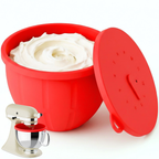 Red Gvode silicone mixer bowl liner with lid, filled with whipped cream