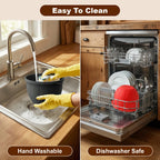 Cleaning options showing red silicone liner being hand-washed and loaded in dishwasher