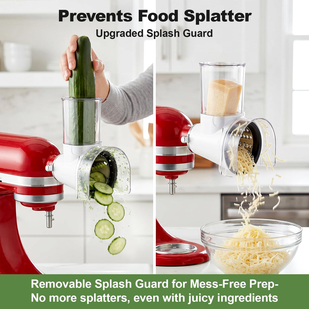 Splash guard demonstration slicing cucumber and shredding cheese into bowls