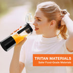 Woman drinking orange smoothie directly from Gvode portable blender with flip-top sip lid