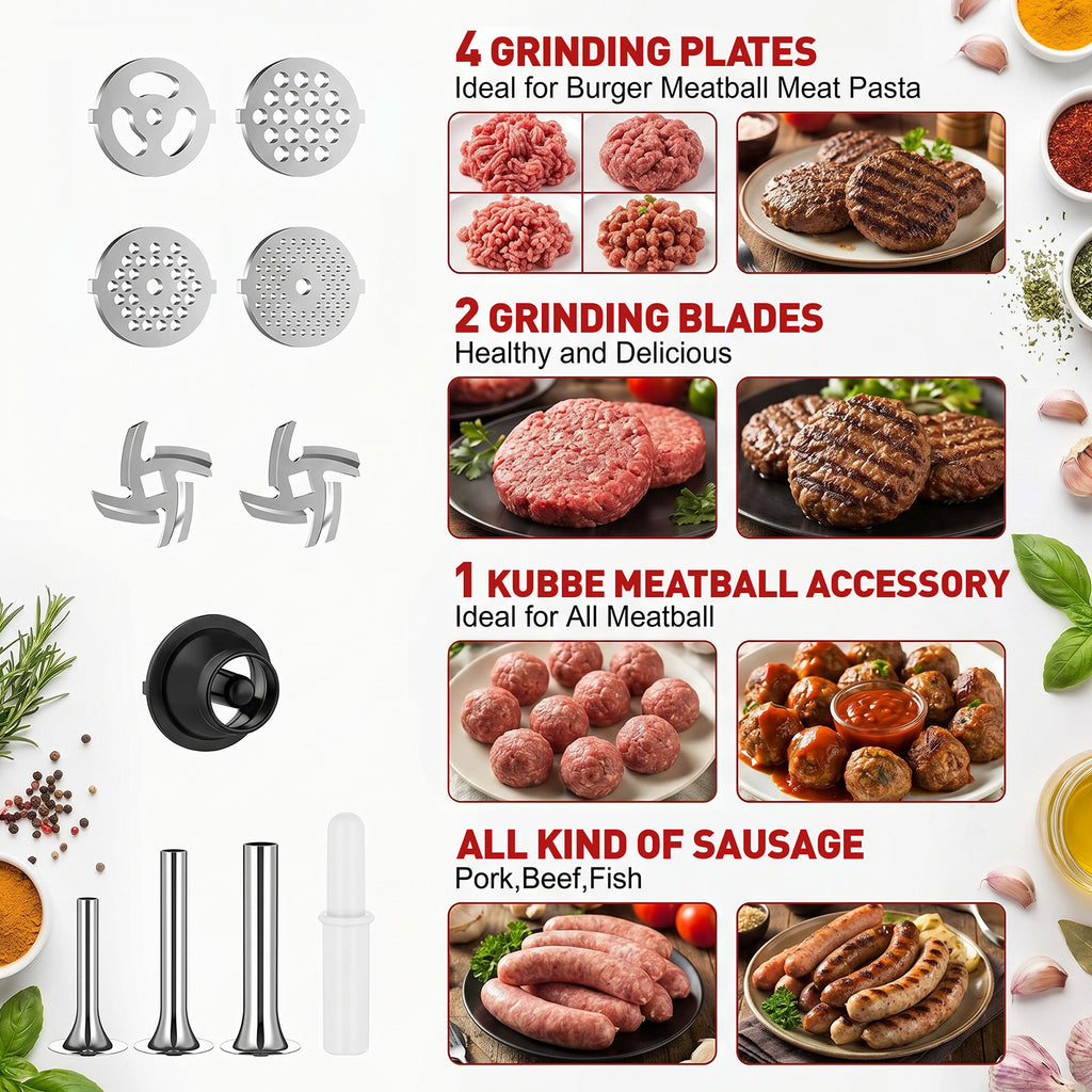 Included four plates, two blades, meatball accessory, and three sausage tubes with food examples