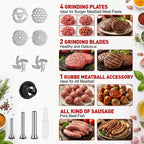 Included four plates, two blades, meatball accessory, and three sausage tubes with food examples