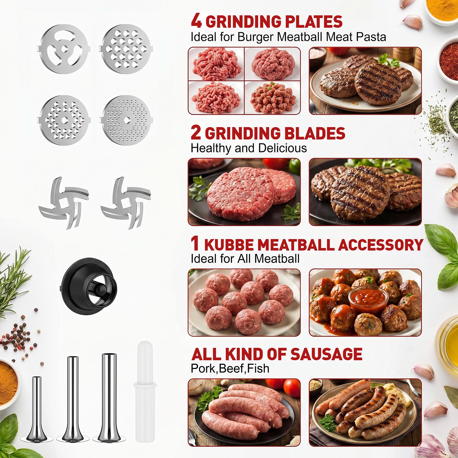 Included four plates, two blades, meatball accessory, and three sausage tubes with food examples