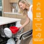 Woman loading red silicone bowl liner into dishwasher with ease-of-use feature icons