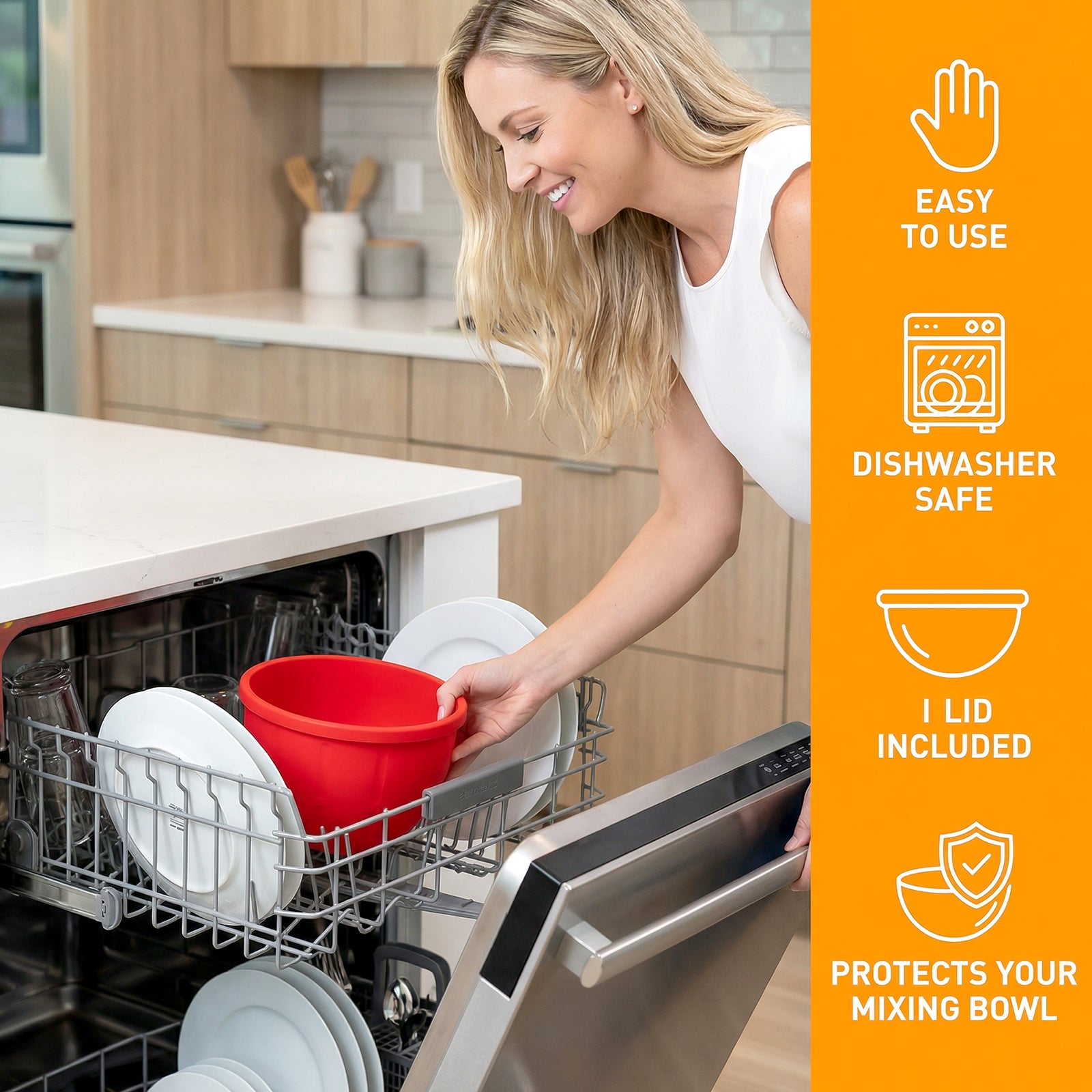 Woman loading red silicone bowl liner into dishwasher with ease-of-use feature icons