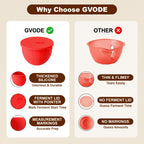 Comparison of thick Gvode silicone liner with lid and measurement marks versus thin bowl