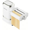 Angled product view of white Gvode electric pasta maker cutting fresh spaghetti