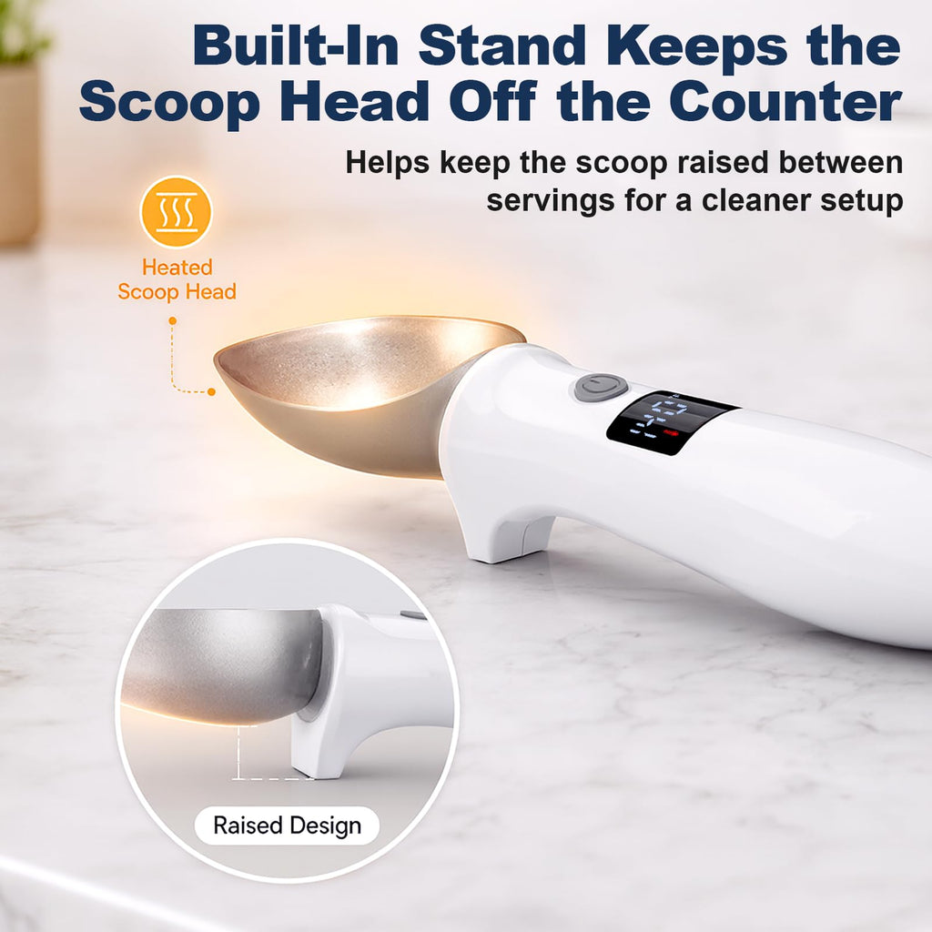 Gvode heated ice cream scoop resting on built-in stand to keep head off counter