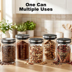 Assortment of five clear Gvode canisters filled with pantry staples beside ingredients
