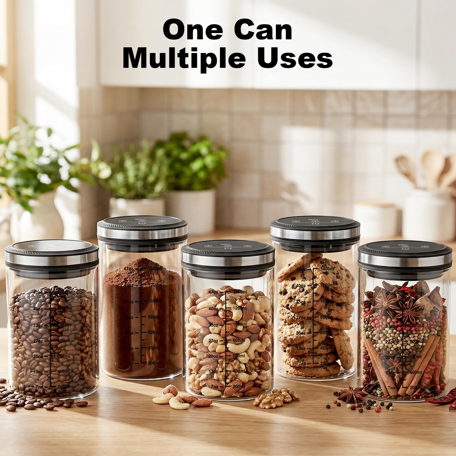 Assortment of five clear Gvode canisters filled with pantry staples beside ingredients