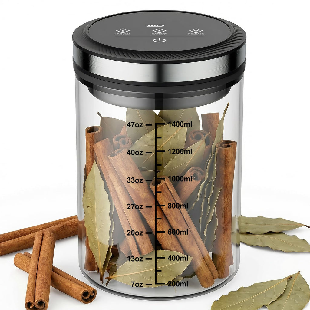 Gvode glass vacuum canister filled with bay leaves and cinnamon sticks, showing capacity markings