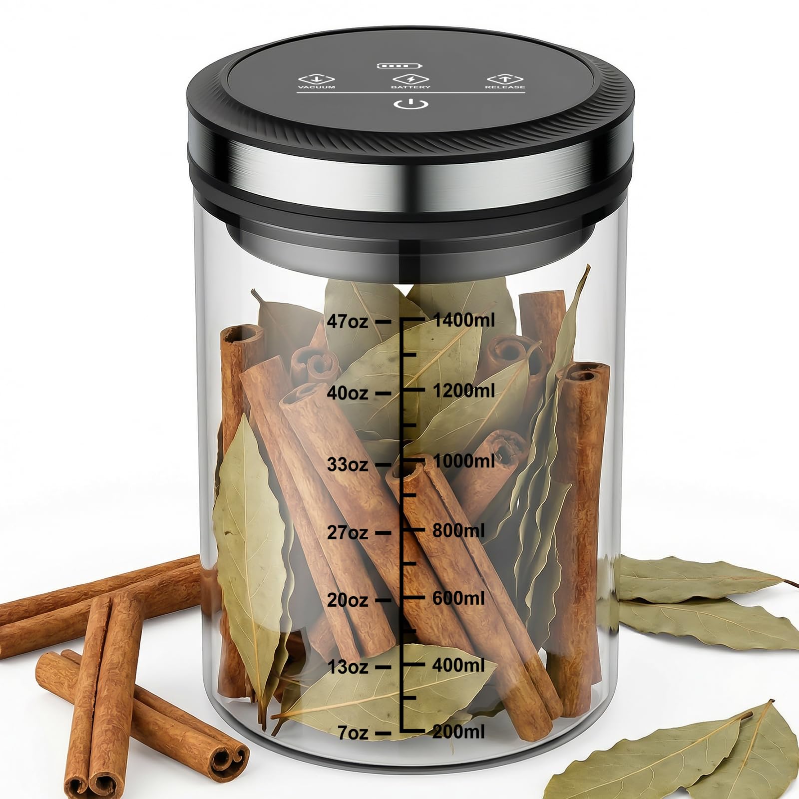 Gvode glass vacuum canister filled with bay leaves and cinnamon sticks, showing capacity markings