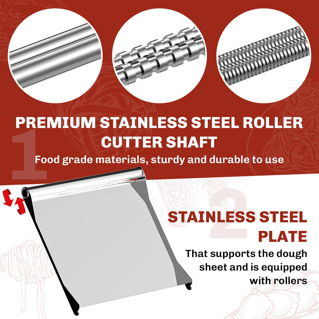 Close-up diagrams of stainless steel roller shafts and dough support plate in pasta attachment