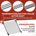 Close-up diagrams of stainless steel roller shafts and dough support plate in pasta attachment
