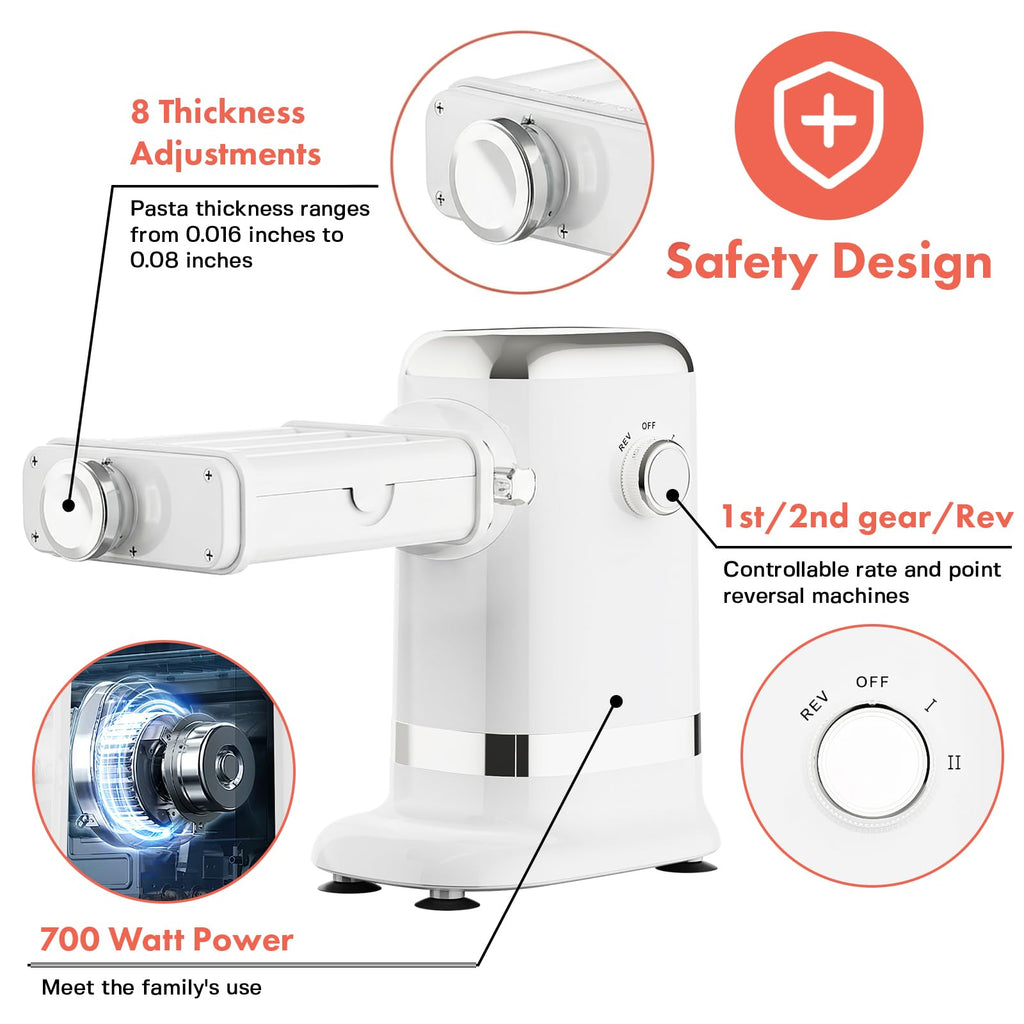Feature diagram showing eight thickness settings, two speeds, reverse, and 700 W motor