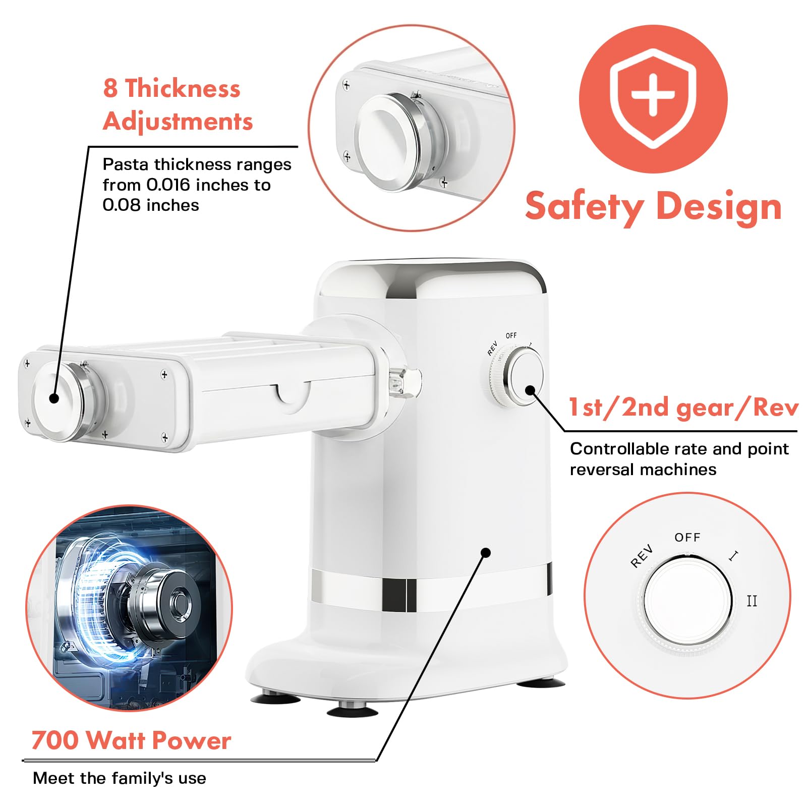 Feature diagram showing eight thickness settings, two speeds, reverse, and 700 W motor