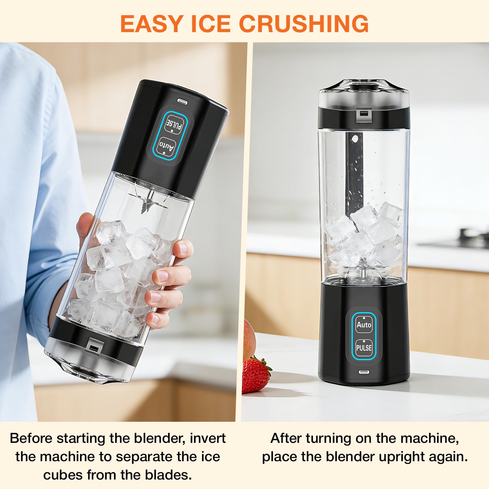 Ice-crushing instructions showing the portable blender inverted and upright around ice cubes