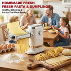 Family kitchen scene with Gvode electric pasta maker producing fresh noodles