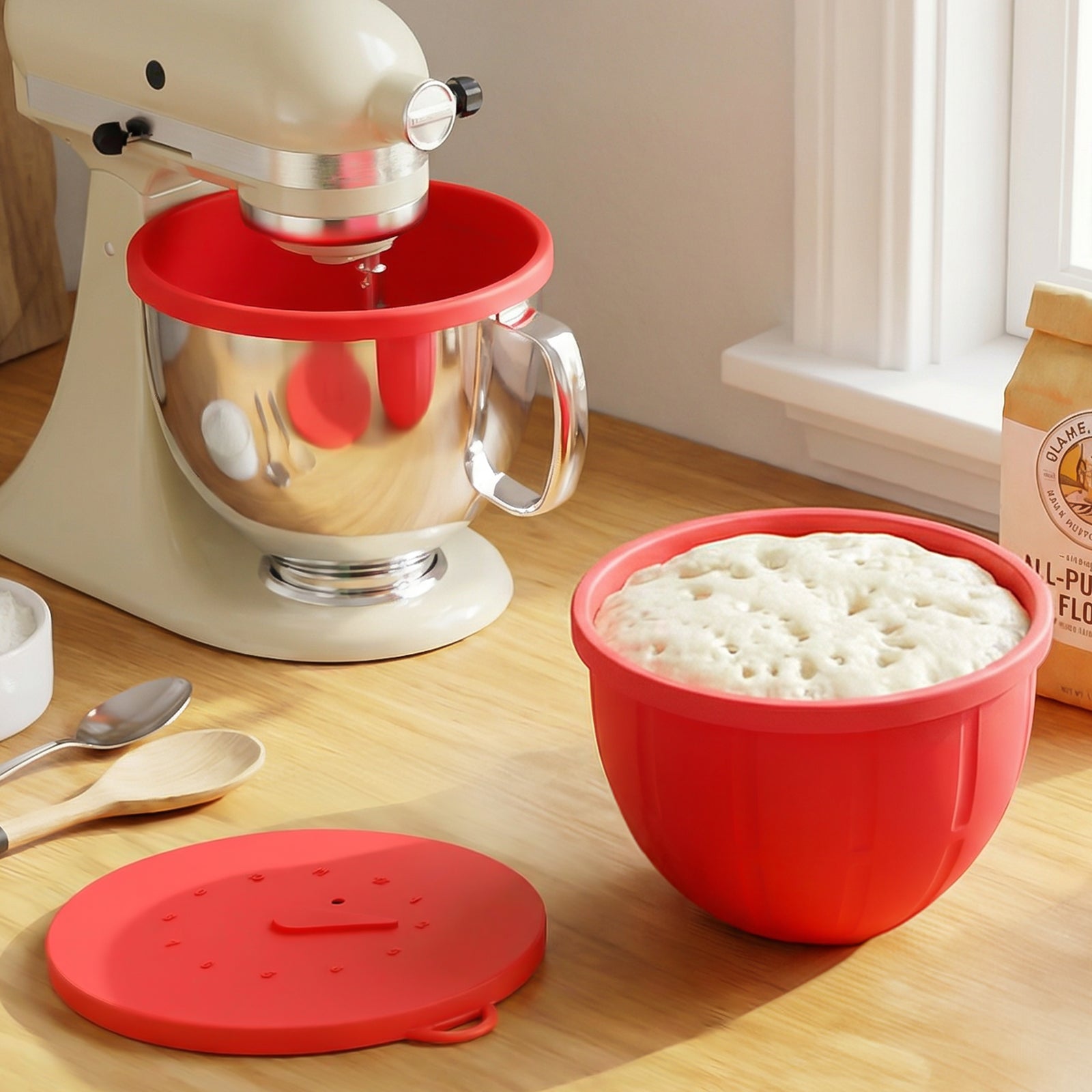 Red silicone bowl liner with risen dough beside stand mixer, lid, and spoon