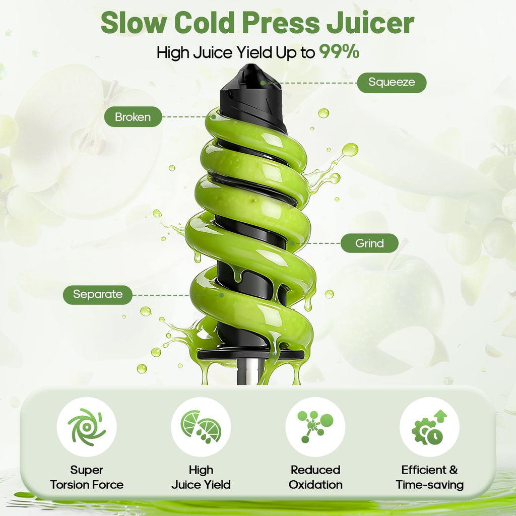 Auger diagram showing Gvode slow juicer crushing, grinding, and separating produce