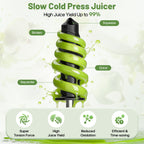 Auger diagram showing Gvode slow juicer crushing, grinding, and separating produce