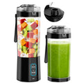 Gvode portable blender shown with fruit cubes, green smoothie, and black sip lid on white background