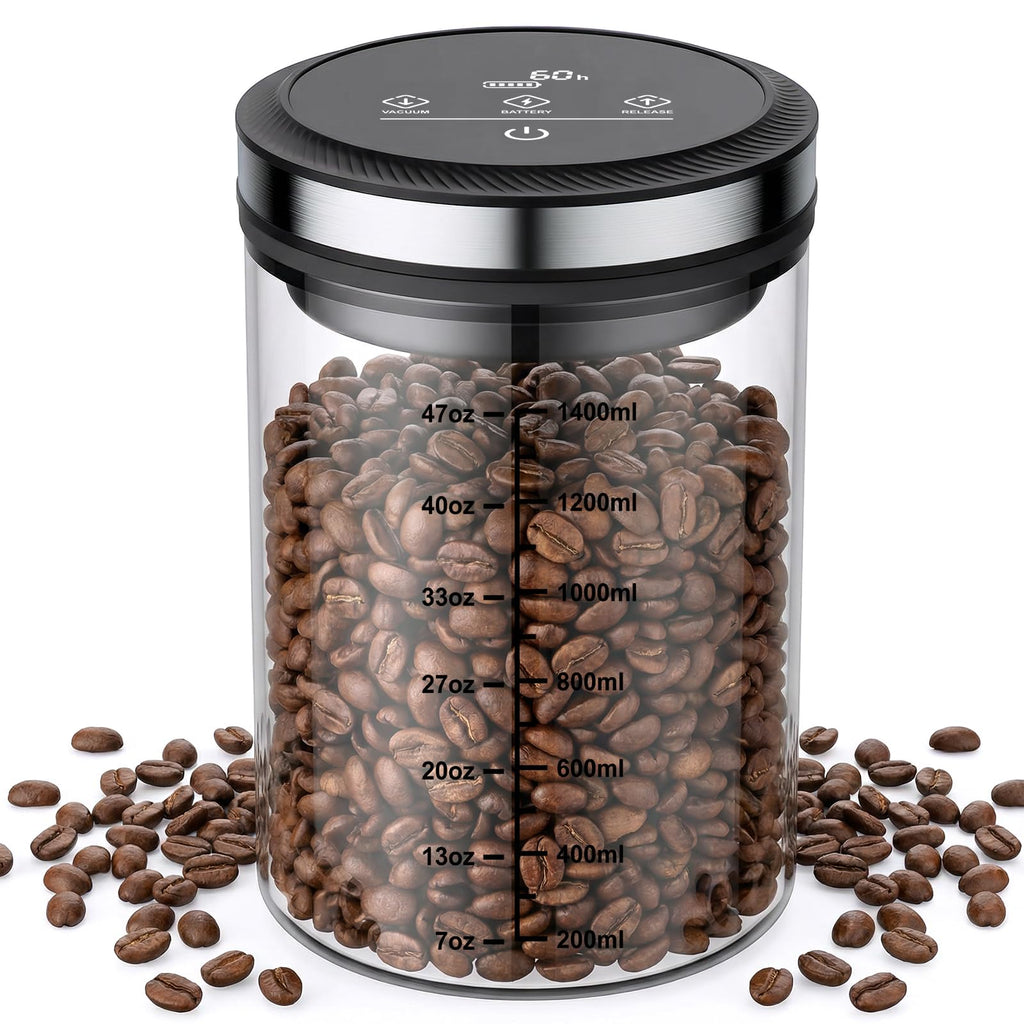 Gvode 1.6 L glass vacuum canister filled with coffee beans, with ounce and milliliter markings