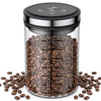 Gvode 1.6 L glass vacuum canister filled with coffee beans, with ounce and milliliter markings