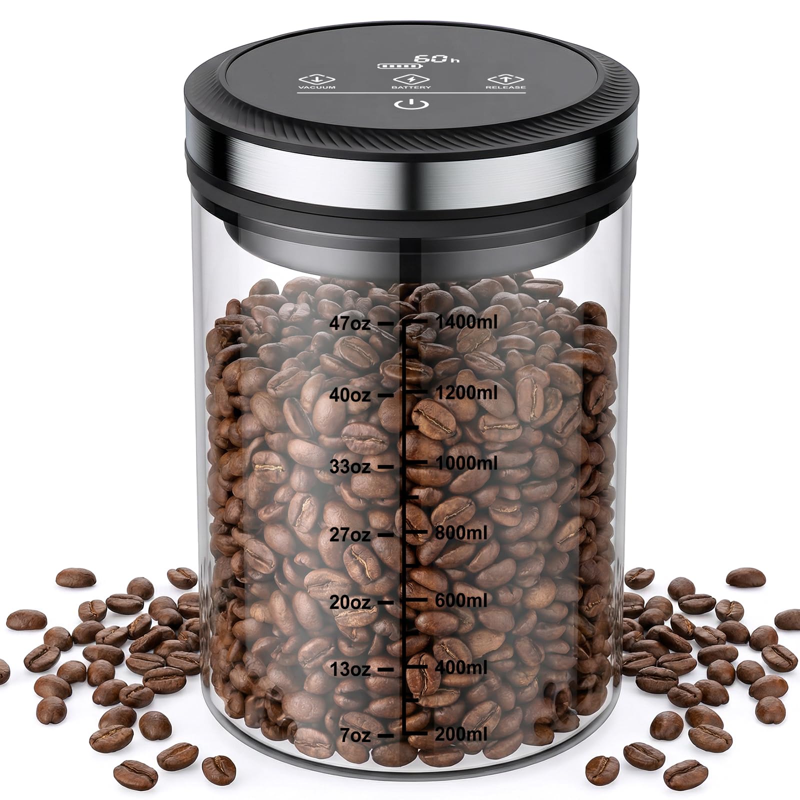 Gvode 1.6 L glass vacuum canister filled with coffee beans, with ounce and milliliter markings