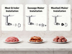 Installation diagrams for grinding meat, stuffing sausage, and forming meatballs