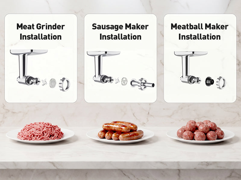 Installation diagrams for grinding meat, stuffing sausage, and forming meatballs