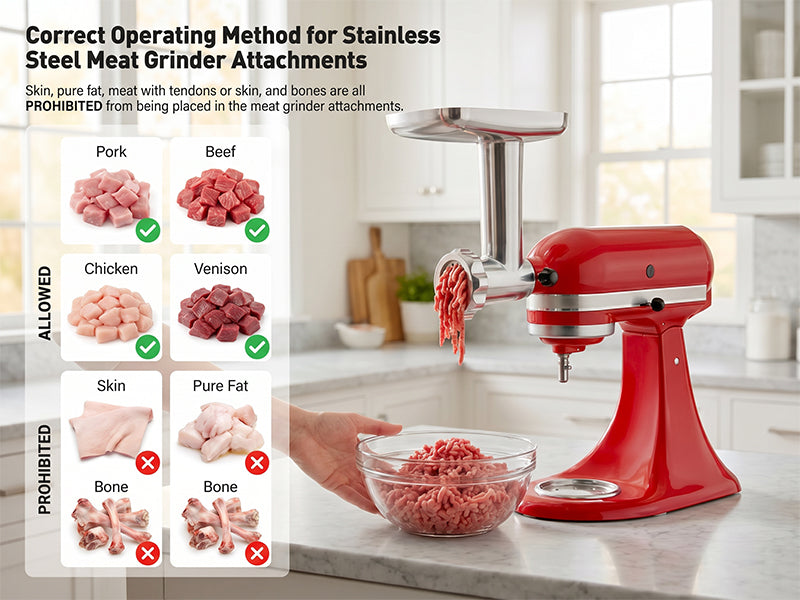 Operating guide showing meats allowed in Gvode grinder and skin, fat, or bone to avoid