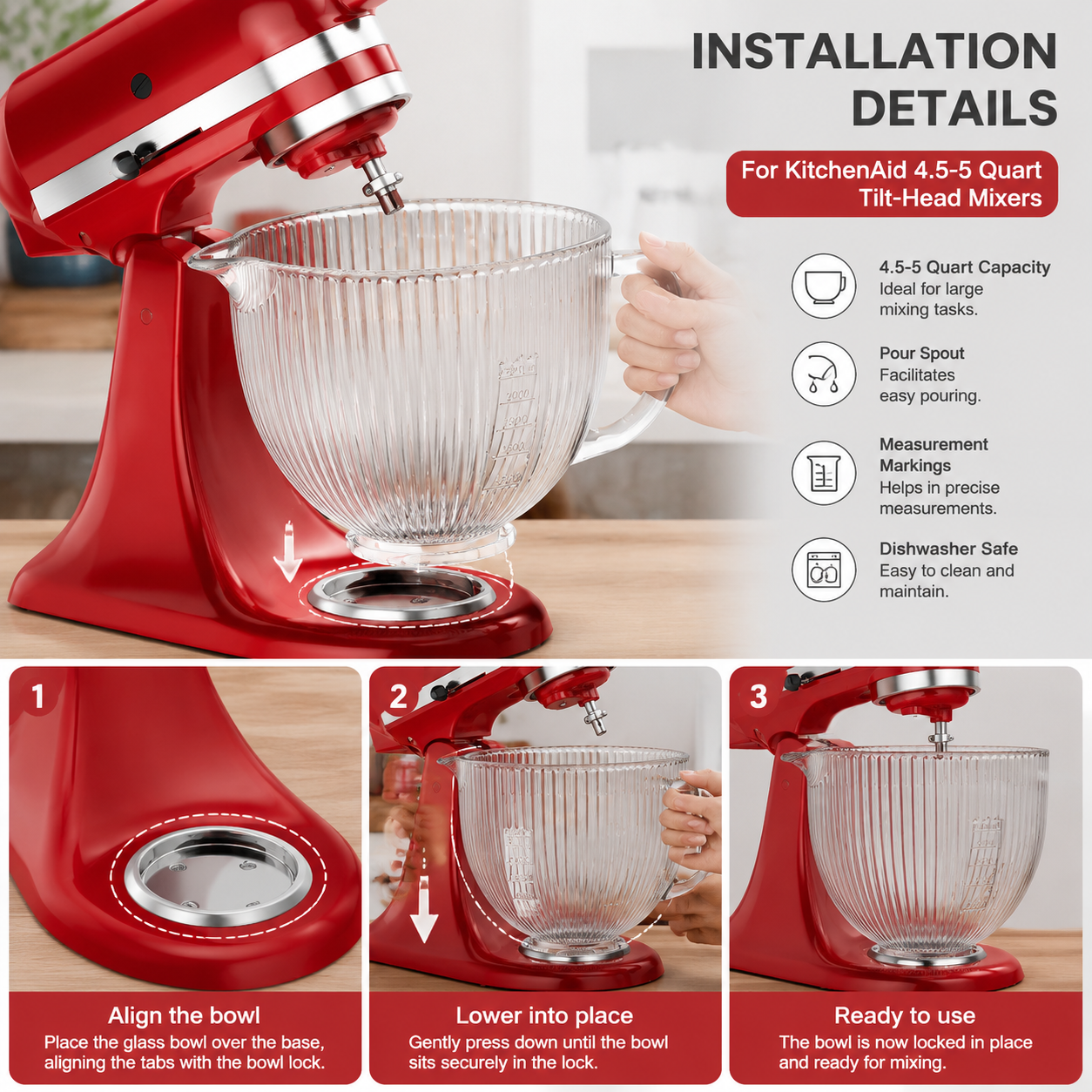 Gvode 5-Qt Glass Mixing Bowl, Compatible with KitchenAid 4.5–5-Qt Tilt-Head Mixers – image 1