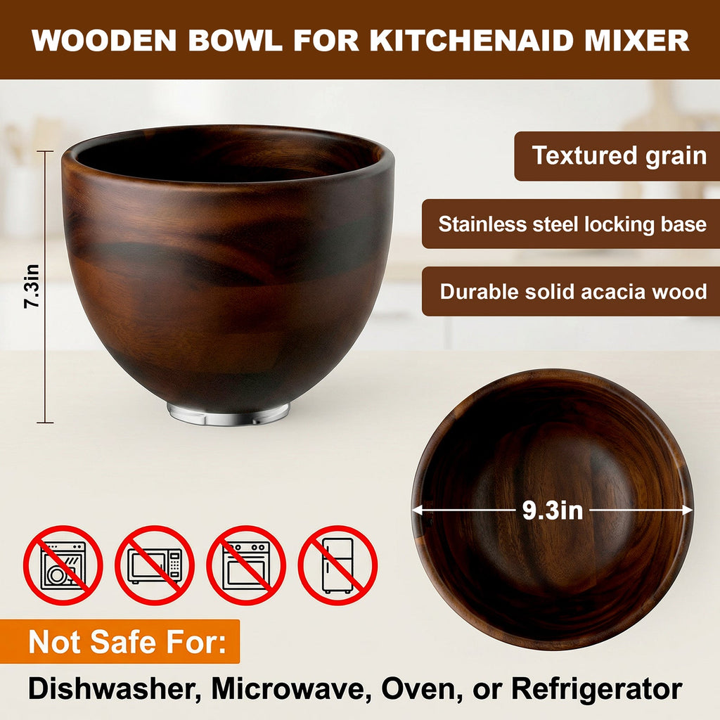 Gvode Acacia Wood Mixing Bowl, Compatible with KitchenAid 4.5–5-Qt Tilt-Head Mixers – image 3