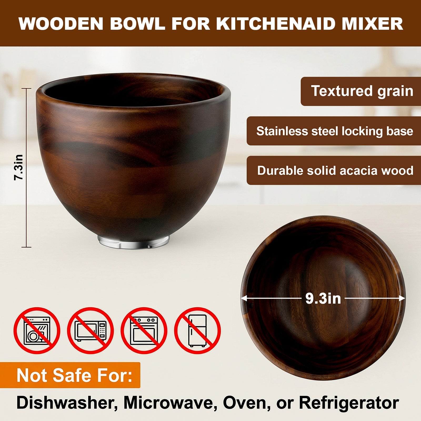Gvode Acacia Wood Mixing Bowl, Compatible with KitchenAid 4.5–5-Qt Tilt-Head Mixers – image 3