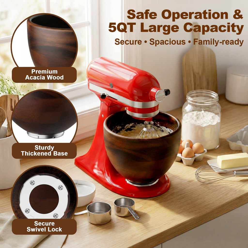 Gvode Acacia Wood Mixing Bowl, Compatible with KitchenAid 4.5–5-Qt Tilt-Head Mixers – image 4
