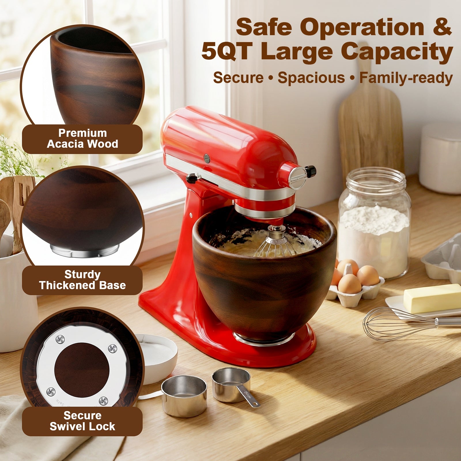 Gvode Acacia Wood Mixing Bowl, Compatible with KitchenAid 4.5–5-Qt Tilt-Head Mixers – image 4
