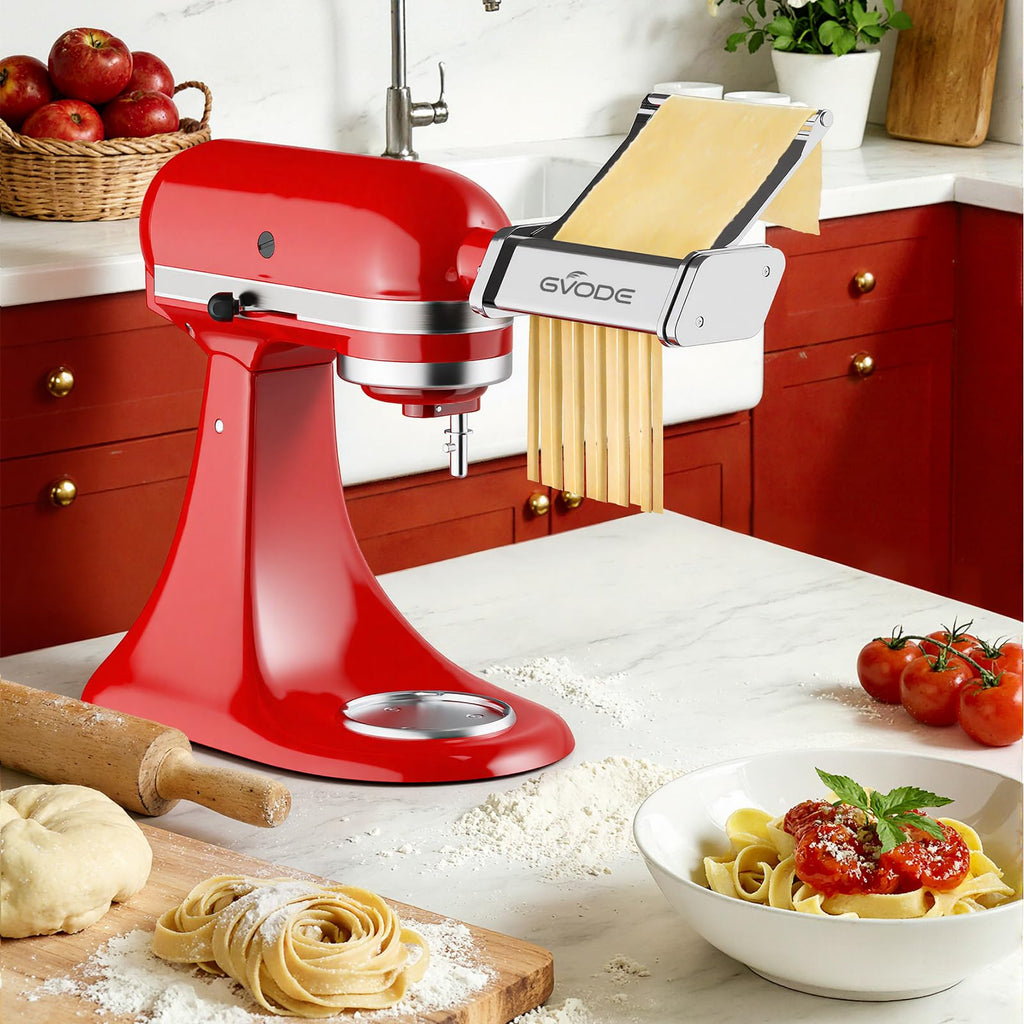 Gvode stainless pasta attachment rolling dough and cutting noodles on red stand mixer