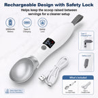 Rechargeable Gvode heated scoop with USB-C cable, 2000 mAh battery, and safety lock