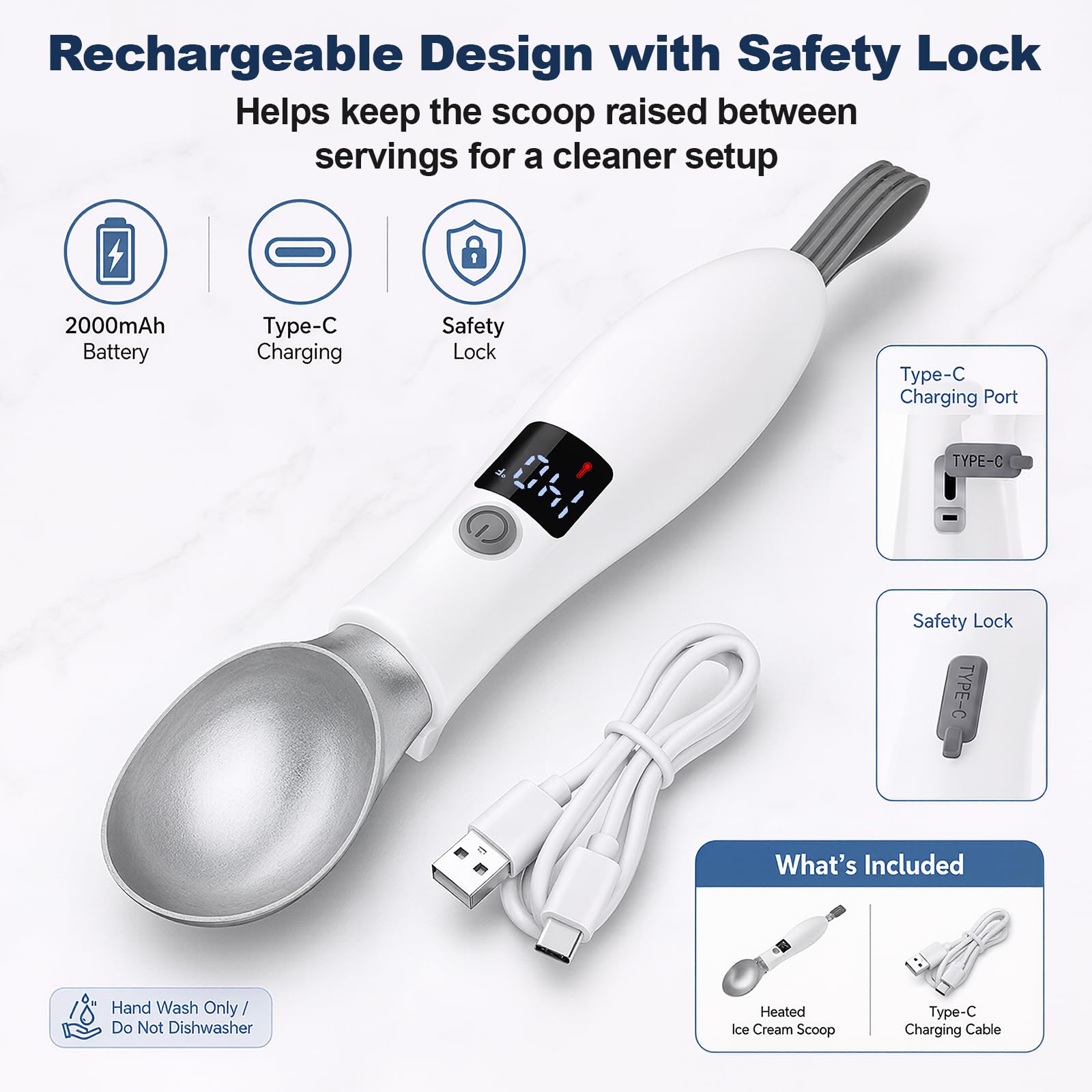 Rechargeable Gvode heated scoop with USB-C cable, 2000 mAh battery, and safety lock